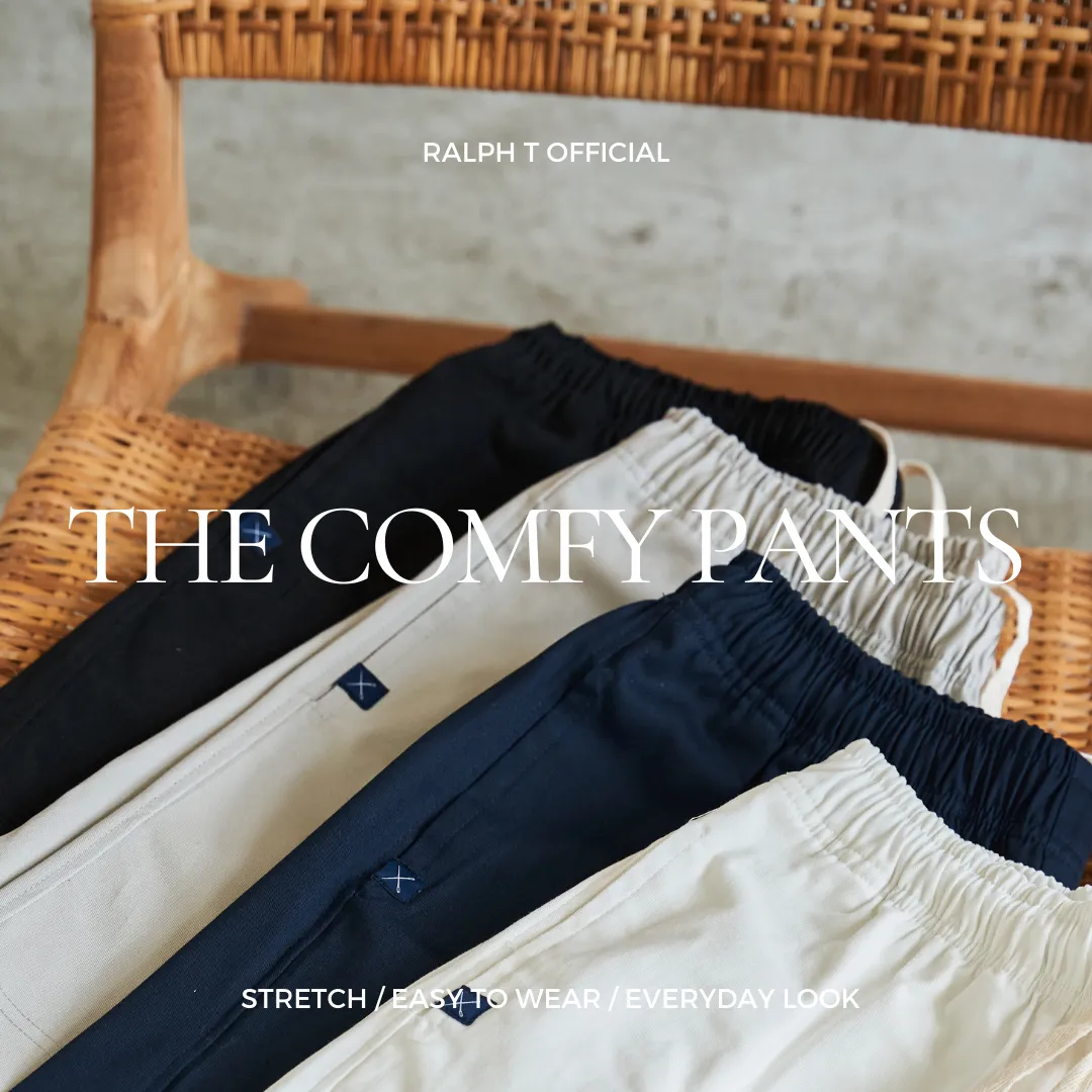 RALPH T OFFICIAL กางเกงขายาวผู้ชาย ทรงกระบอก เอวยางยืด TOKYO COMFY PANTS ชิโน่ - กางเกงขายาวชาย สีเบจ สีขาว สีดำ สีกรม