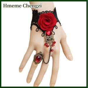 Hmeme Hot New Elegant Gothic Style Lace Red Rose Bracelet with Adjustable Finger Ring