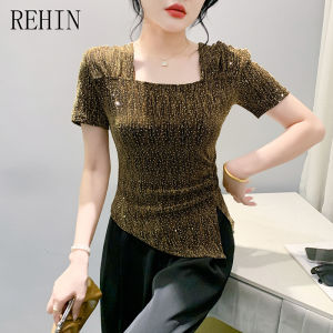 REHIN summer new square neck pleated irregular short-sleeved T-shirt fashion elegant womens top