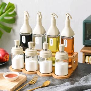 Fashion Kitchen Condiment Set 9IN1 Oil Bottle Seasoning Bottle Set Salt Sauce Oil Dispensers Glass Jar with Wooden Rack Bamboo Shelf and Label