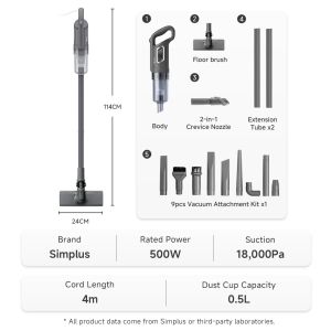 Simplus Vacuum Cleaner丨18000Pa Suction Power丨11 in 1 Interchangeable Nozzle Head丨4-Layer Stertilization
