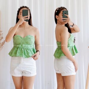 DNEMNLPH Devin Padded Tube Peplum Top - Trendy Korean BKK Textured Pleated Corset Smocked Plain Basic Summer