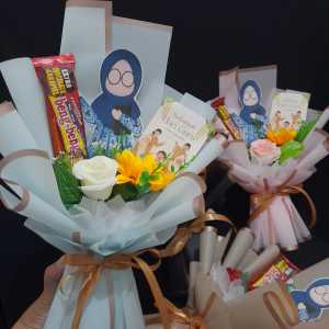 Buket Spesial Hari Guru/Buket Bunga Matahari Mawar dan Bengbeng Topper Guru Size L