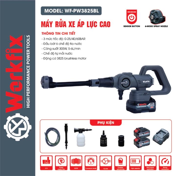Máy rửa xe dùng pin WORKFIX PW3825BL Màu Xám, Nút chỉnh 3 cấp tốc độ ...