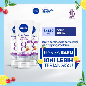 (PAKET HEMAT ISI 3) NIVEA Body Serum Extra Bright Night Nourish Vit E 180ml - Hand body serum moisturizer mencerahkan kulit kusam cerah badan glowing brightening dan melembabkan kering pagi malam day & night - 95% Vitamin C Grapeseed oil 8 Super food