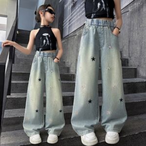 2025 Jeans For Kids Girl 5-16yrs Baggy Maong Pants Girls Denim Wide Leg Trousers Fashion Mushroom Pattern Cute Print Embroidery Design