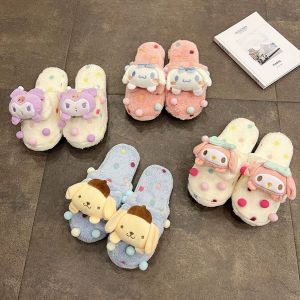KUIWU Indoor Fluffy Embroidery Shoes Soft Creative Kuromi Purin Cinnamoroll Autumn Winter Cotton Slippers Home Floor Shoes Cartoon Slippers Plush Slippers Japanese Style Slippers