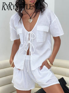 Summer White Cotton Shorts Sleepwears Suits For Women Fashion V-Neck Lace-Up Shirt Elegant Linen Shorts Sets 3 Pieces