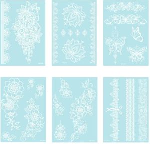 BINOCUL 6 Sheets โกลว์อินเดอะดาร์ก แผ่นสติ๊กเกอร์สักเฮนน่า คงทน แสงสีน้ำเงิน รอยสักชั่วคราวลายมันดาลา ทนต่อการสึกหรอ ขาว รอยสักปลอมลูกไม้ สำหรับผู้หญิง