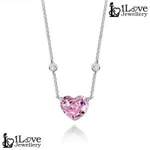 iLove Jewellery 925 Sterling Silver 18K White Gold Plated 5ct Pink Heart Shape Cubic Zirconia Necklace Pendant Jewelry Birthday Gifts Women Fashion ILN010