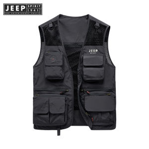 JEEP SPIRIT 1941 ESTD Outdoor Mens Vest Multi Pocket Fishing Photography Large Advertising Mens Vest Spring and Autumn Outdoor Leisure