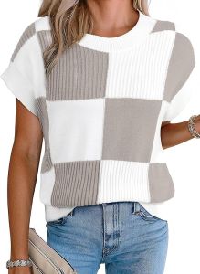 EVALESS  Womens Short Sleeve Sweater Round Neck Color Block Knitted Top  2025  Autumn fashion Cap Sleeve Sweater Vest