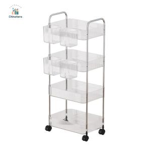 4 Tier Rolling Trolley Storage Rack with Hanging Basket Sundries Organizer Transparent Rolling Cart for Bedroom Living Room