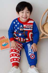 Stelan Baju Anak Laki-Laki Lengan Panjang Motif Super Hero Capten Amerika Bahan Katun Desain Lucu
