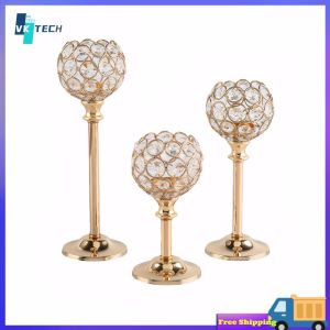 [ VKTECH ] Vintage Style Metal Crystal Bowl Candelabras Set of 3 with Tall Votive Candle Holders for Romantic Ambiance