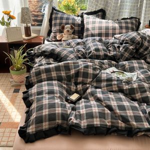 Dansunreve bộ đồ giường ngủ kẻ sọc 3/4 trong 1 phong cách cổ điển Ruffle ren giáng sinh màu đỏ ký túc xá sinh viên Bộ Ga trải giường Quilt Cover flatsheet