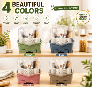 Dustproof Cutlery Organizer with Cover Large Capacity Kitchen Utensil Holder with Removable Drip Tray Free Rice Spoon
