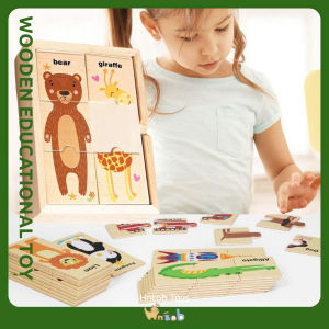 Hntob Wooden Puzzle Animals Matching Cognitive Blocks Puzzle Wood Box Educational Toy
