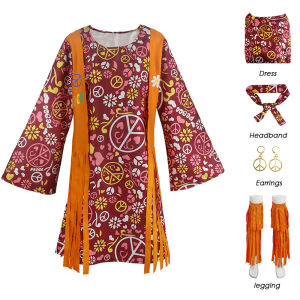 Women Hippie Dress 60s 70s Peace Love Costume Vintage Disco Hippie Dress Halloween Boho Costumes Native American Bohemian Dress Vest Outfit