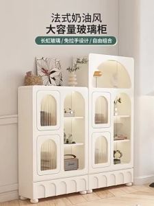 Cream Style Bookshelf With Glass Door Light Luxury Bookcase Shelves High-end Display Cabinet
