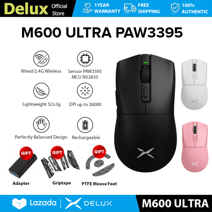 Delux M600 Ultra Wired And Wireless Rechargeable Gaming Mouse Dpi Max 26000 Paw3395 52g Superlight 6529