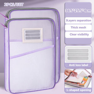 2Pcs Mesh File Bag 3Layers Paper Organizer File Folder Transparent Storage Case L-Type Long Size
