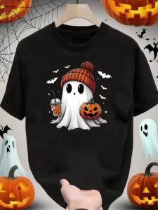 Men Halloween Ghosts Drink Milk Tea Graphic Print Short Sleeve Crew Neck Casual T Shirt For Summer Spring Daily Wear Outdoor Activities