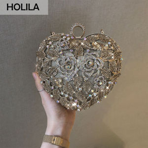 HOLILA Shiny Woman Clutch Crystal Flower Top Ring Handbag Chian Sling Bag Heart-shaped Design Evening Bag Wedding Party Bride Top-handle Bag Purse#19-149