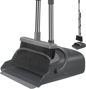 Upgrade Broom and Dustpan Set Self-Cleaning with Dustpan Teeth Indoor&Outdoor Sweeping Ideal for Dog Cat Pets Home Use Stand Up Broom and Dustpan (Gray&Orange)