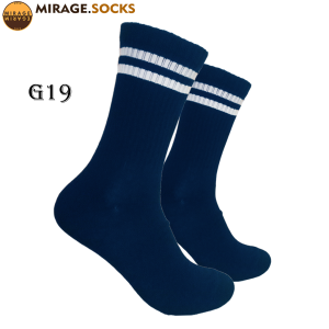 Kaos Kaki Oldschool Motif Garis 2 Stripe Putih dasar Navy (4LAYER BENANG) No. G19