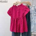 ZANZEA Women Summer Casual Crew Neck Blouses Cap Sleeve Plaid Printed Girlish Thin Top #0428. 
