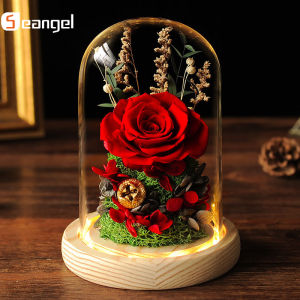 Seangel Womens Day gift Preserved Fresh Flower Dried flower Beauty and The Beast Fresh Red Eternal Roses In A Glass Dome For Valentines Day Gifts Last 3-5 Years