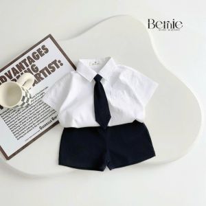Set sơ mi đồng phục đôi cho bé trai bé gái phối sọc kèm cà vạt đi học đi chơi 1-7t BERNIE H0525B33