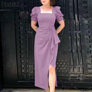 ZANZEA Korean Style Women U Neck Short Sleeve Party Elegant Midi Dress Wrapped Irregular Dress #11