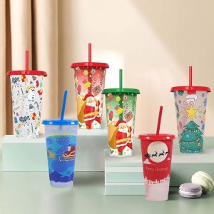 MIRELINA Nhựa Cốc đổi màu Phai màu Đồ dùng ăn uống Cốc ống hút Di động 710ml Ly đựng đồ uống lạnh Giáng sinh