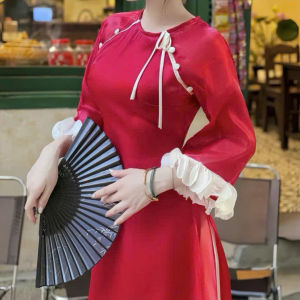 Set áo dài cách tân đi chơi Tết set áo dài Tơ Ánh Kim đính nơ nút bọc kèm quần dài Tuyết Nhung