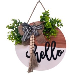 SVSAKZ168 30cm 11.81in Wooden Welcome Sign Bowknot Artificial Flower Plant Wall Art Creative Welcome Hello Hanging Decoration Front Door