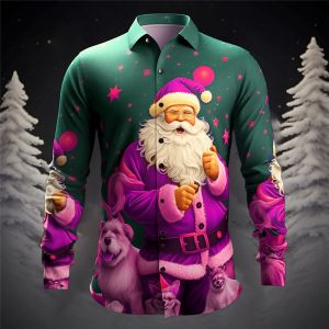 ZEEMIN Christmas 3d Print Mens Shirts Casual Single-Breasted Blouses Long Sleeve Shirt Fashion Holiday Party Trend Tops Men Clothing