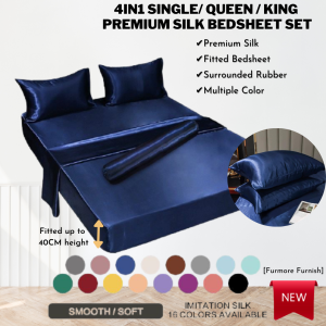 4in1 Premium Solf and Smooth Satin Slik Bedsheet Set / Kain Tebal Cadar Bergetah Keliling/ 4in1 Set Cadar Berkualiti