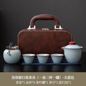Sacesr Ru Kiln Travel Tea Set with One Pot and Three Cups Convenient Outdoor Ceramic Snap Mug Set Gift H8M4T