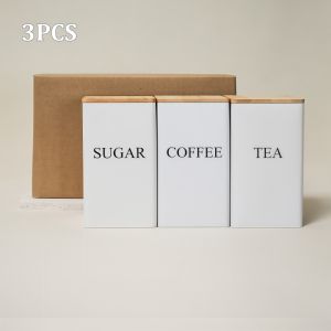 3PCS Japanese style Metal Storage Box Tea Coffee Suger Canister with Bamboo Lid Storage Tin Can