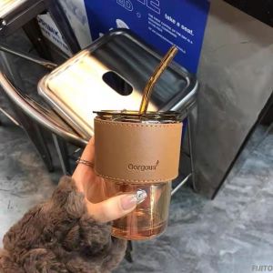 Cốc thủy tinh có nắp bọc da kèm ống hút ly thủy tinh gorgous giữ nhiệt bọc da màu hổ phách quà tặng sinh nhật