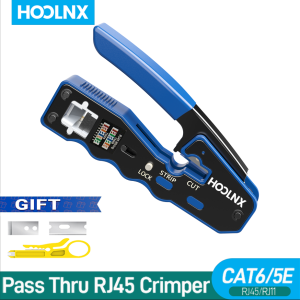 HOOLNX RJ45 Pass Through Crimper for CAT5 CAT5E CAT6 Network Connectors STP UTP Shielded Modular Plugs 8P8C Crimp Tool Blue (Built-in Pass Through Blade)