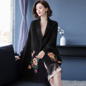 DOWNA Autumn Winter Embroidery Cashmere Scarf Thicken Hijab Warm Shawl Wraps Womens Fashion Cloak Cardigan Cape