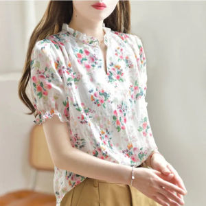 Cotton Linen Short-sleeved Shirt Womens Stand-up Collar Design Floral Blouse Summer New Puff Sleeve Shirt