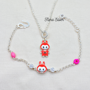 FLORA 0750L - Set bạc ta dây chuyền lắc tay hình Labubu màu hồng đỏ dành cho bé gái