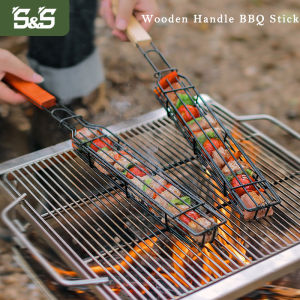 S&S BBQ Clip Stainless Steel Barbecue Skewers 49cm Long Outdoor Camping Wooden Handle Barbecue Cage Non-stick BBQ Tool Vegetable Skewer Roast Skewer Portable Nonstick Roasting Meat Accessories