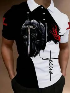 Jeans Fritz Black White Color Block Knight Jesus Printed Polo Shirt For Men Short Sleeve Regular Fit Breathable Casual Gothic Top COD Fast Delivery