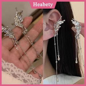 Heabety  1 đôi khuyên tai dạng kẹp hình bướm tua rua với họa tiết đôi cánh thiên thần bằng kim loại lỏng không cần xỏ lỗ thiết kế punk thời thượng trang sức kẹp tai dài cho nữ