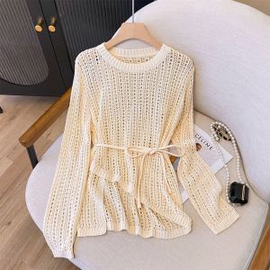 Summer hot thin and lazy style high-end air conditioning cover shirt round neck irregular hook flower hollow knit sweater for outerwear